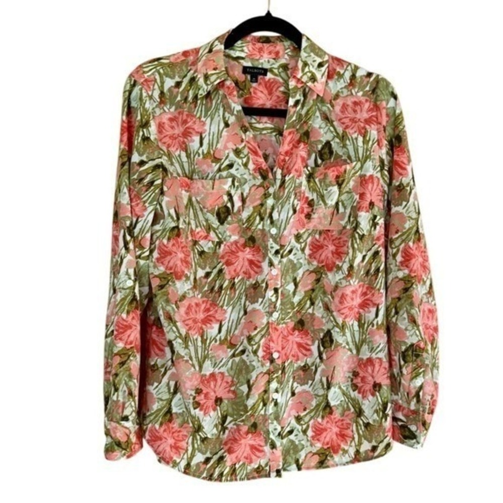 Talbots Shirt Pink Green Floral Long to 3/4 Sleeve Medium Layering Garden Casual